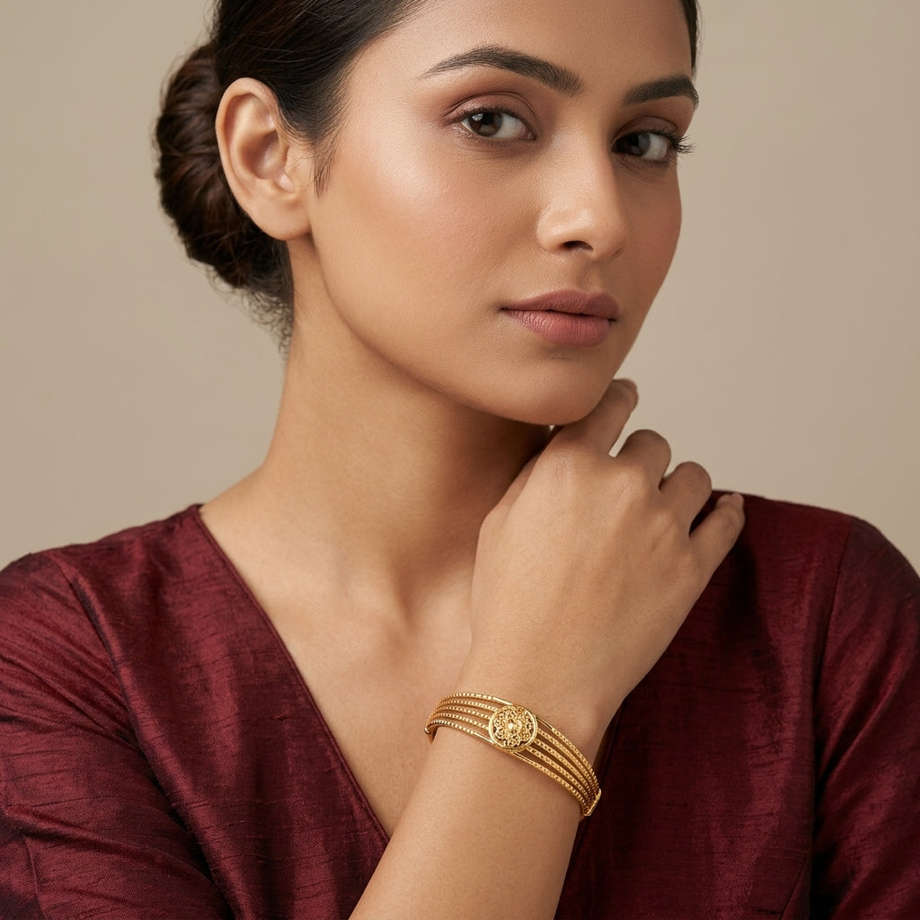 Gold-Plated Floral Medallion Bangle