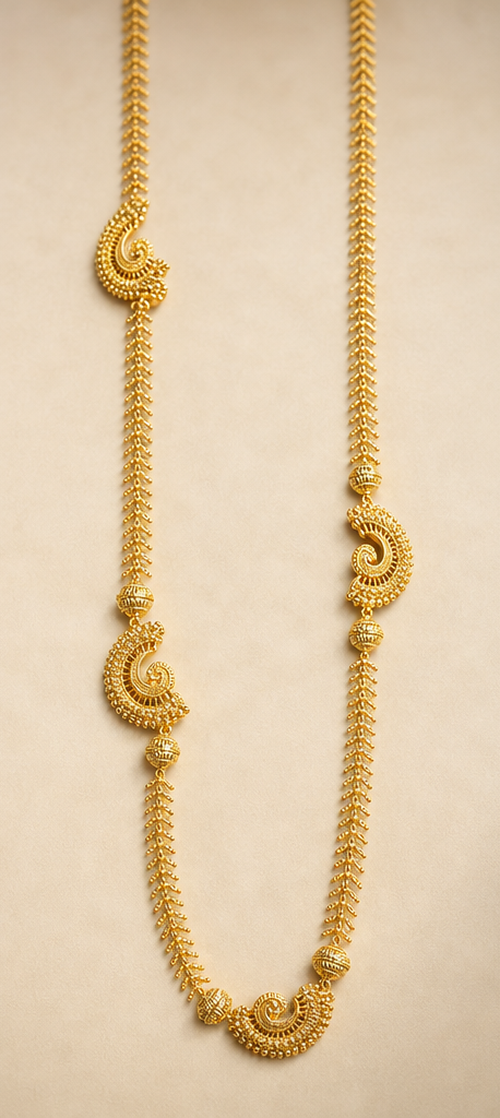24K Gold Plated Paisley Crest & Textured Bead Long Necklace
