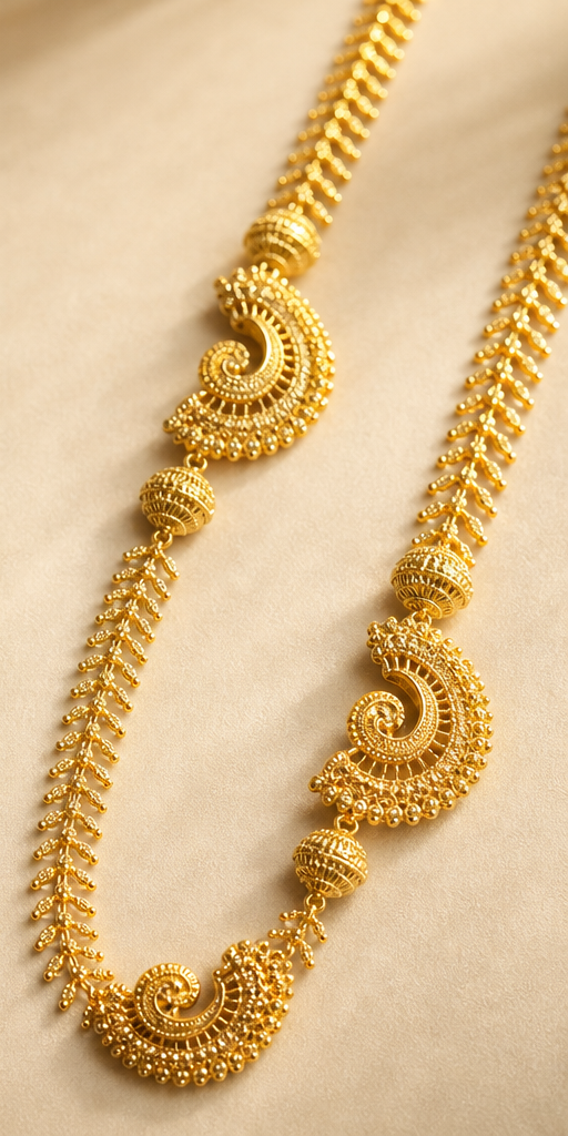 24K Gold Plated Paisley Crest & Textured Bead Long Necklace