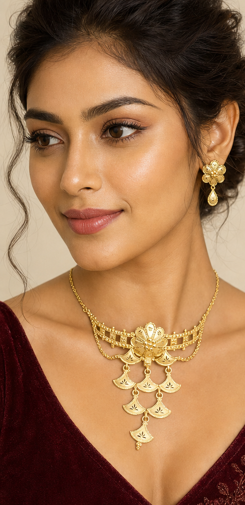 24K Gold Plated Copper Based Floral Choker Necklace Set with Cascading Fan Motifs