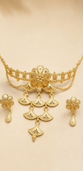 24K Gold Plated Copper Based Floral Choker Necklace Set with Cascading Fan Motifs