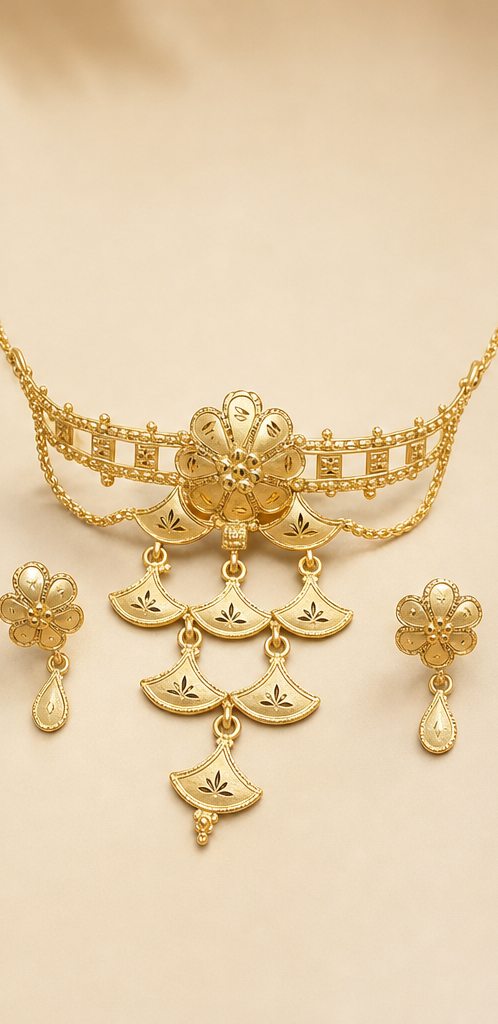 24K Gold Plated Copper Based Floral Choker Necklace Set with Cascading Fan Motifs