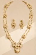 24K Gold Plated Copper based Circular Medallion Long Set with Ruby Accents