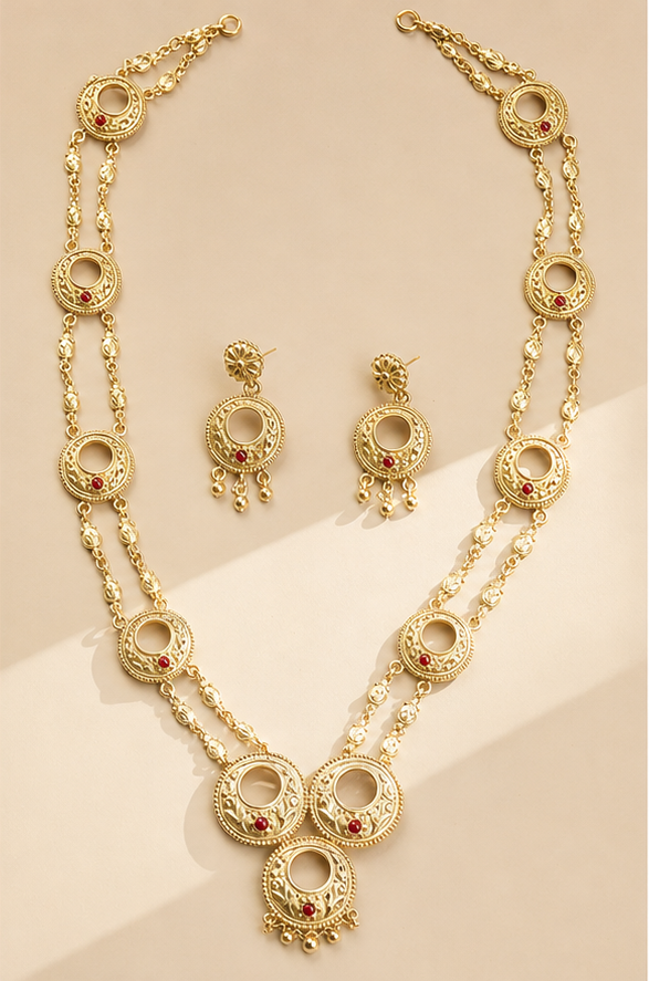 24K Gold Plated Copper based Circular Medallion Long Set with Ruby Accents