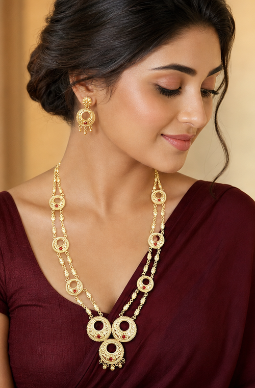 24K Gold Plated Copper based Circular Medallion Long Set with Ruby Accents