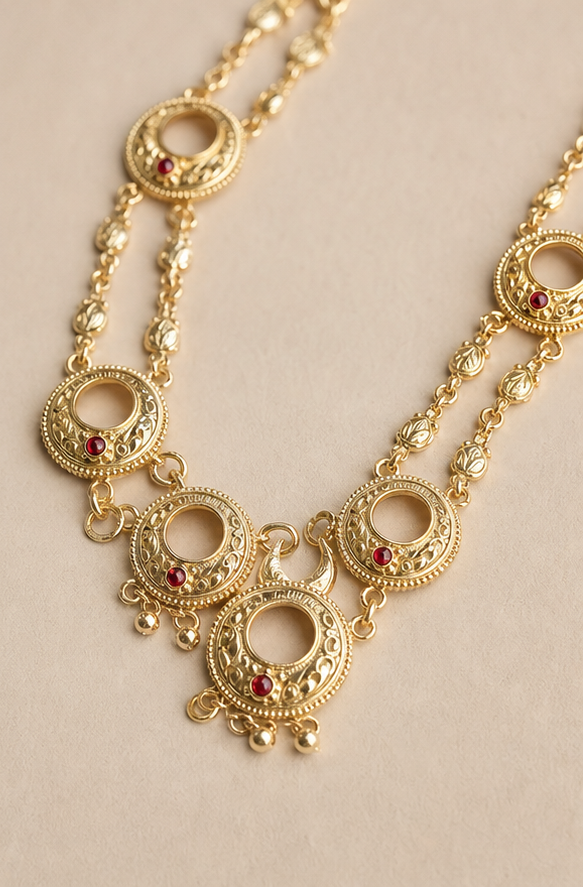 24K Gold Plated Copper based Circular Medallion Long Set with Ruby Accents