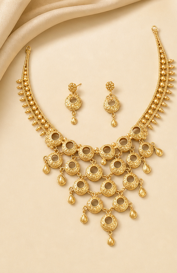 24K Gold Plated Copper Based Cascading Circular Medallion Statement Necklace Set