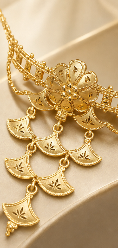 24K Gold Plated Copper Based Floral Choker Necklace Set with Cascading Fan Motifs