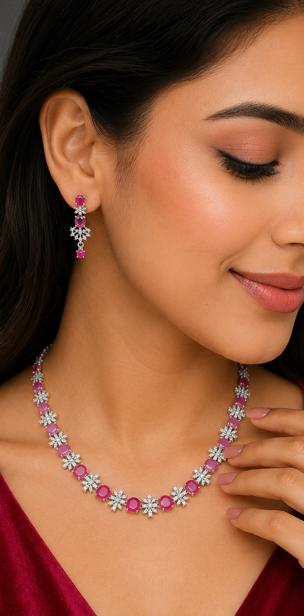 Radiant Rani Pink & Crystal Floral Starburst American Diamond Necklace Set