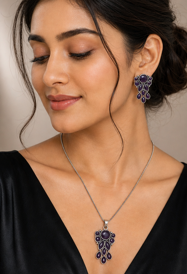 Silver Replica Navy Blue Cluster Stone Pendant Necklace and Earrings Set