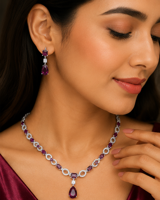 Regal Magenta Teardrop & American Diamond Halo Necklace Set