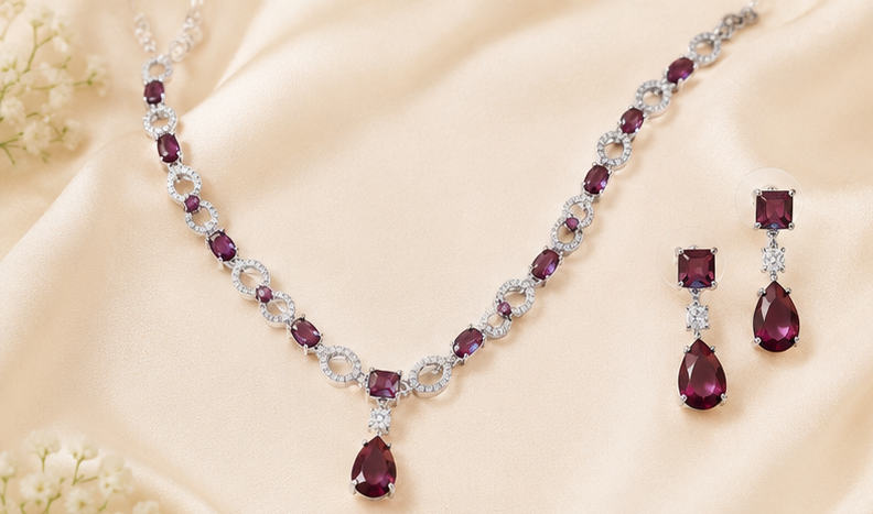 Regal Magenta Teardrop & American Diamond Halo Necklace Set