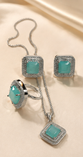 Mint Breeze Aqua Chalcedony & American Diamond Pendant, Ring & Studs Set