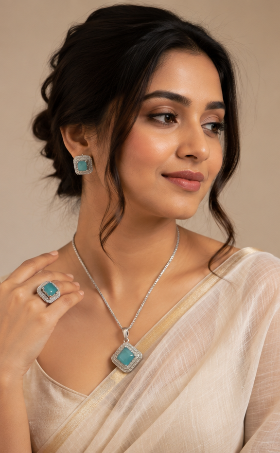 Mint Breeze Aqua Chalcedony & American Diamond Pendant, Ring & Studs Set