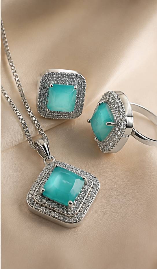Mint Breeze Aqua Chalcedony & American Diamond Pendant, Ring & Studs Set