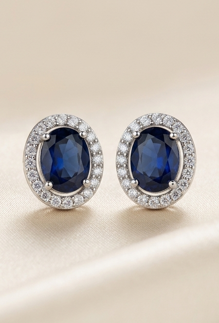 Royal Sapphire Oval Halo American Diamond Stud Earrings