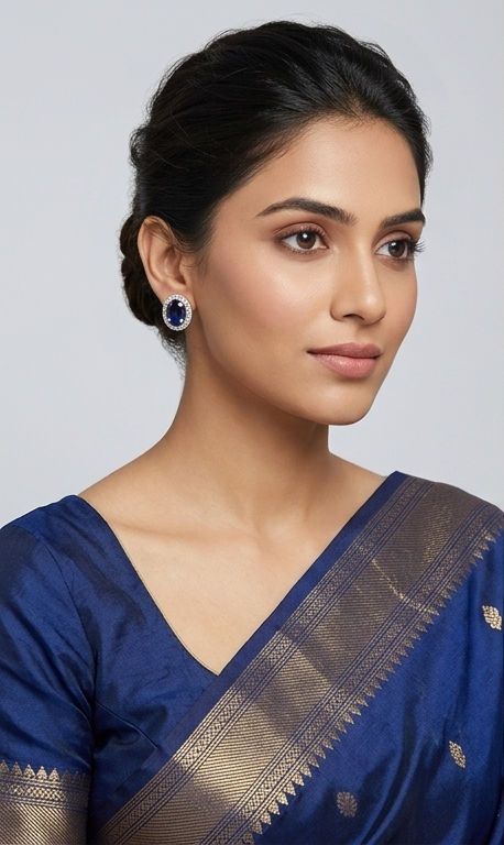 Royal Sapphire Oval Halo American Diamond Stud Earrings