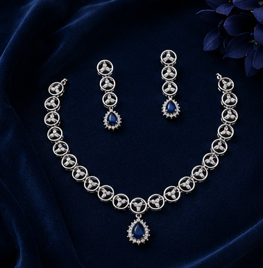 Royal Sapphire-Tone Teardrop & Crystal Halo American Diamond Necklace Set