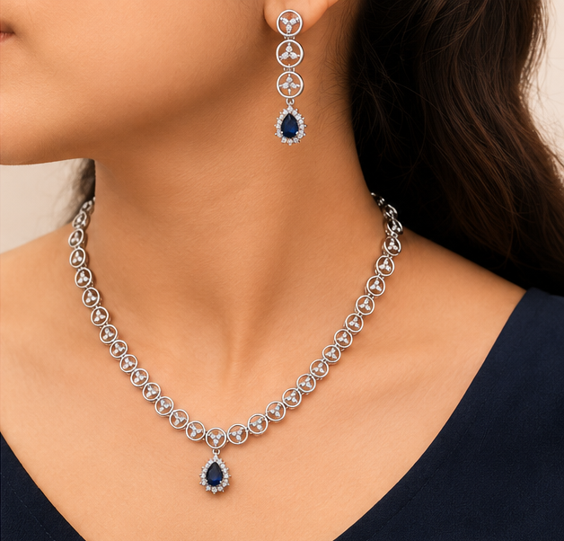 Royal Sapphire-Tone Teardrop & Crystal Halo American Diamond Necklace Set