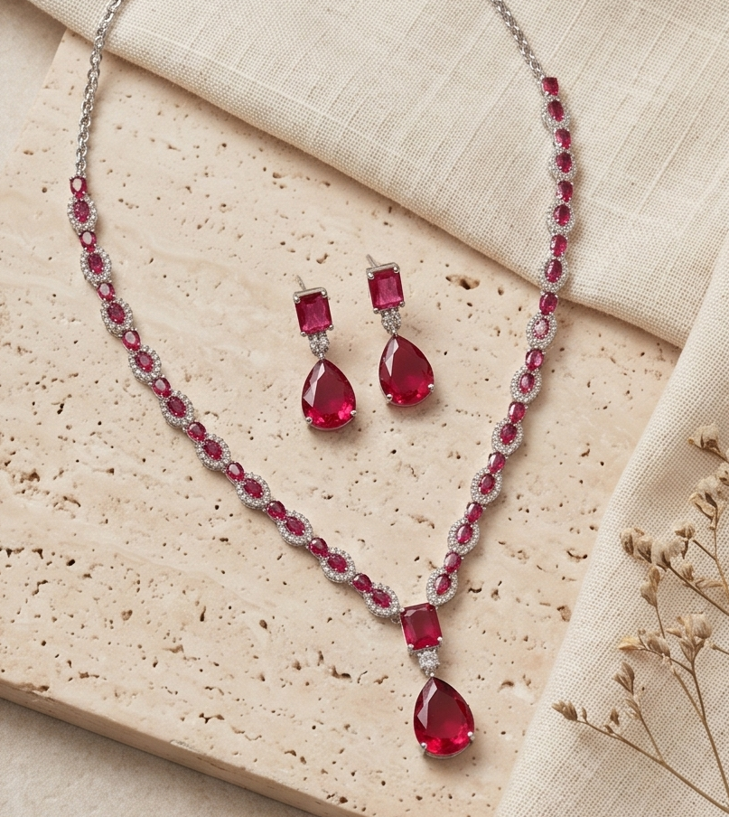 Radiant Ruby-Pink Y-Drop & Crystal Halo American Diamond Statement Set