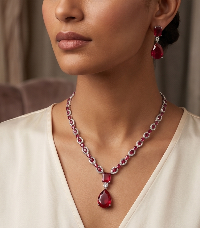 Radiant Ruby-Pink Y-Drop & Crystal Halo American Diamond Statement Set