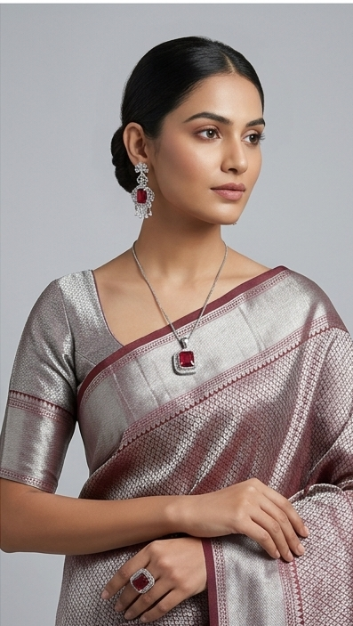 Scarlet Empress Ruby Red American Diamond Pendant Set (with Ring & Earrings)