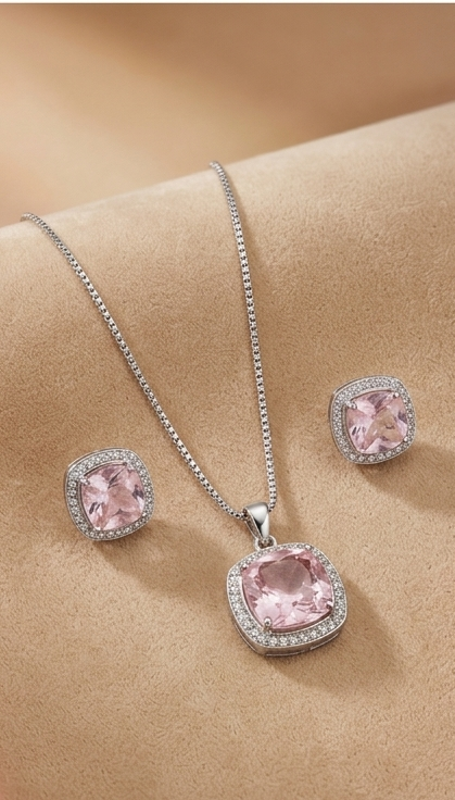 Blush Halo Morganite Pink American Diamond Pendant & Studs Set