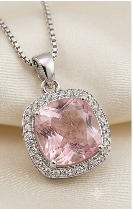 Blush Halo Morganite Pink American Diamond Pendant & Studs Set