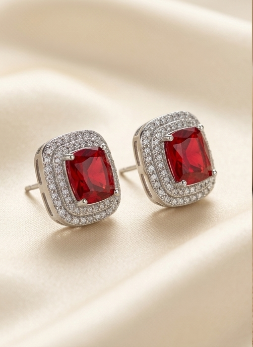Crimson Radiance Ruby Red Double Halo American Diamond Studs