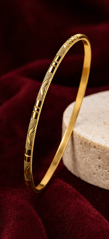 Timeless Gold-Plated Etched Wave & Stipple Bangle - set of 4 - Size 24