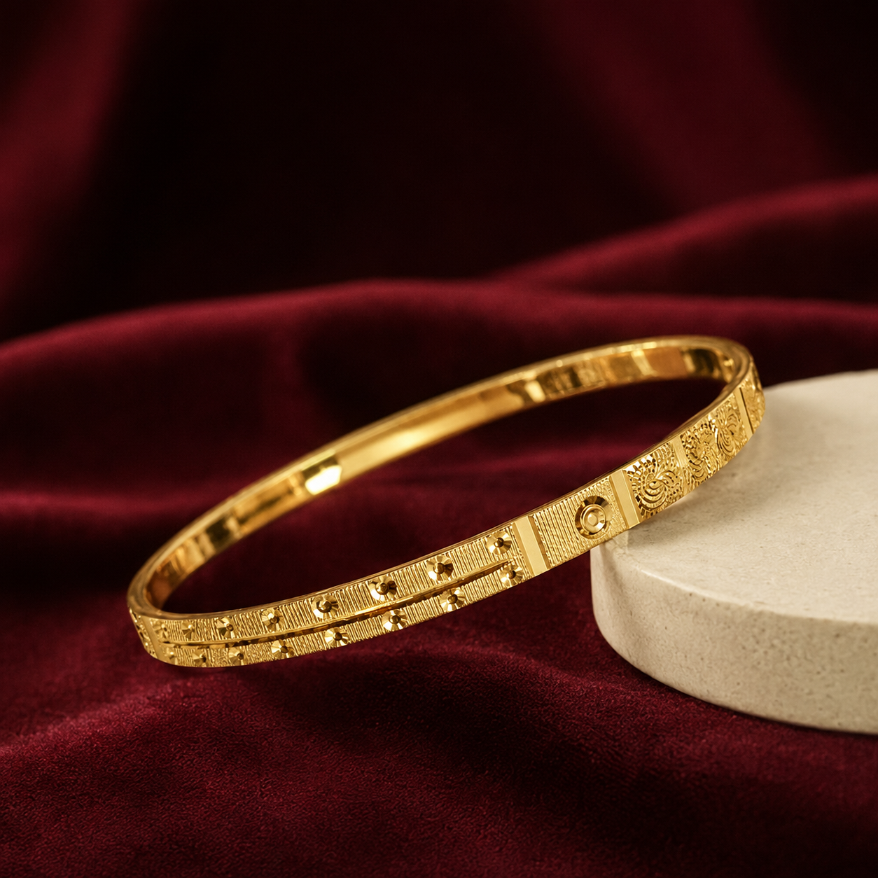 Heritage Gold-Tone Geometric Stud & Floral Etched Bangle - set of 4 - Size 24