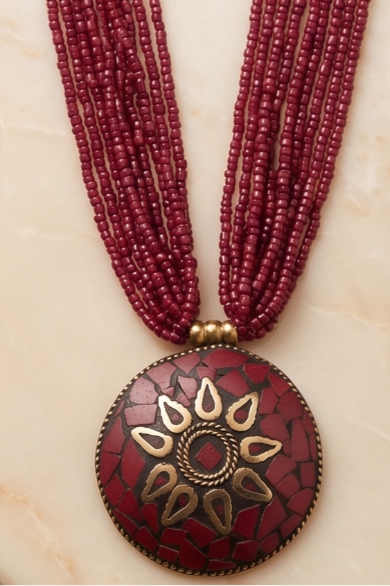Boho Maroon Multi-Strand Seed Bead Necklace with Antique Mosaic Medallion Pendant