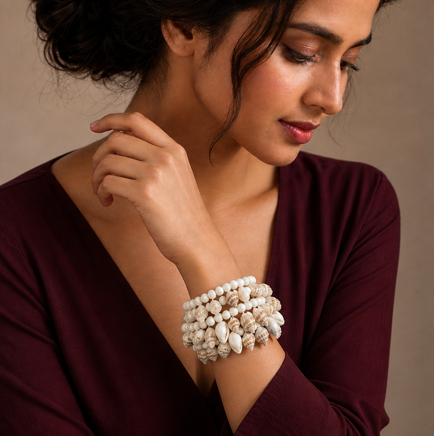 Multi-Layered White Bead & Mixed Natural Shell Spiral Wrap Bracelet