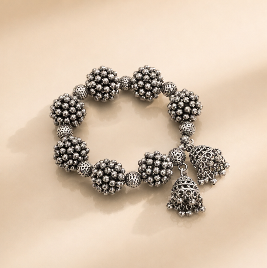 Silver Cluster Bead Bracelet with Hanging Jhumka Charms