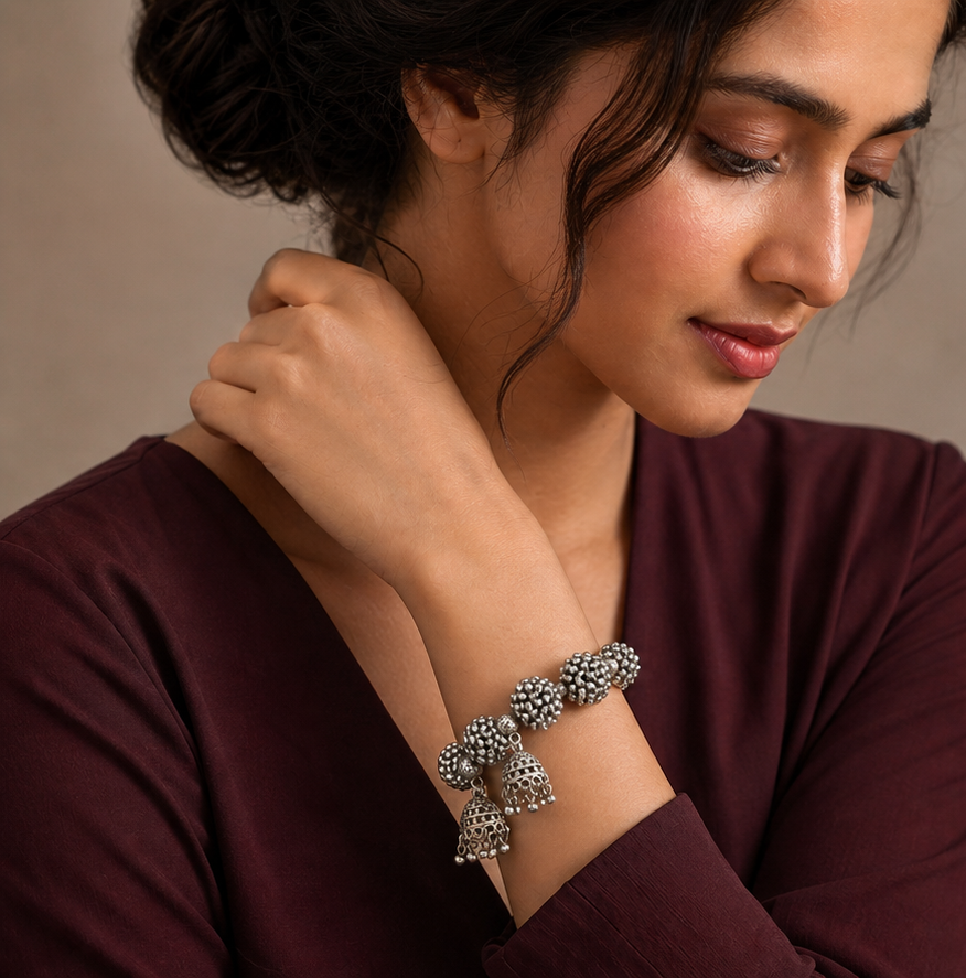 Silver Cluster Bead Bracelet with Hanging Jhumka Charms
