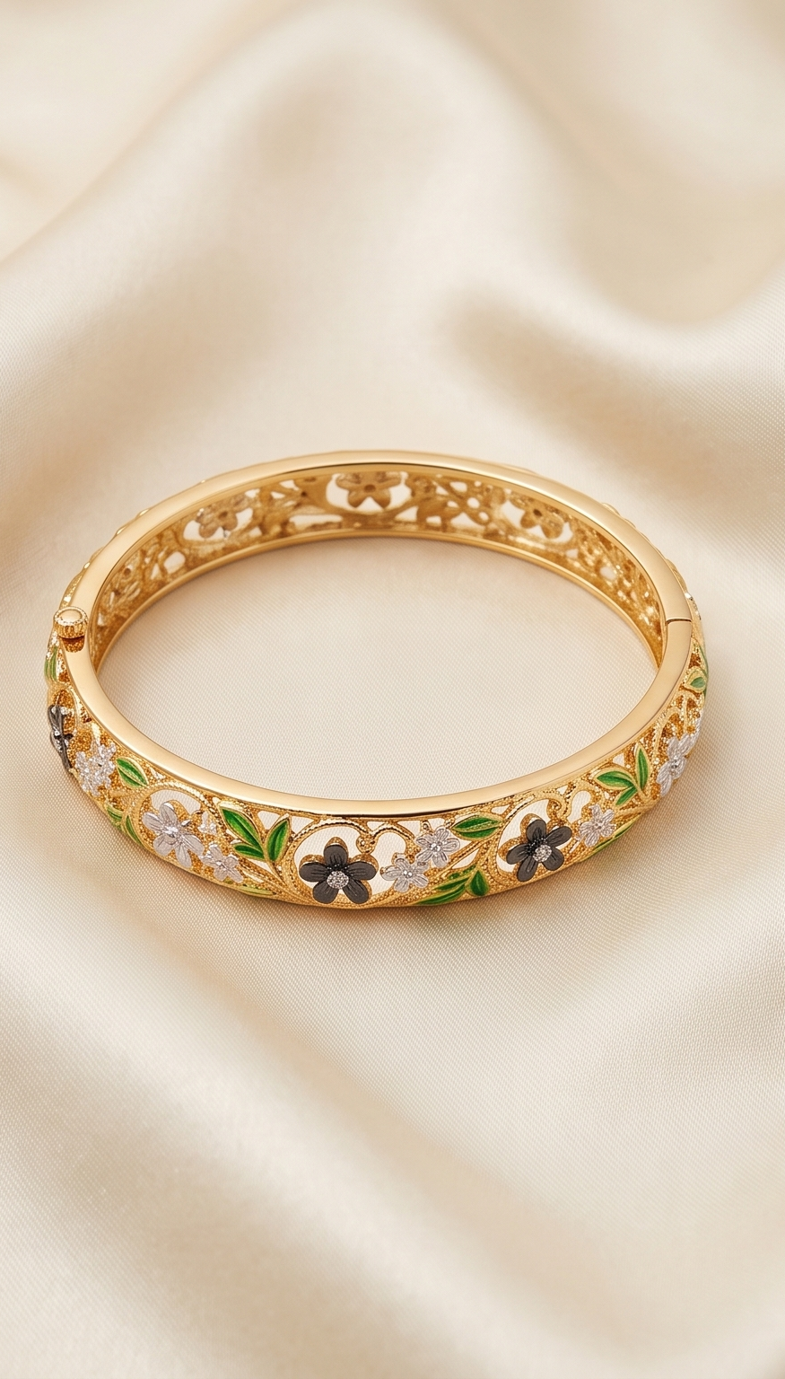 Gulmohar Meadow Bangle – Anti-Tarnish Gold Floral Filigree Bracelet