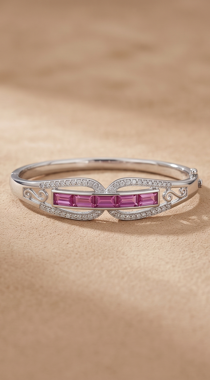 The Orchid Baguette Bangle – Anti-Tarnish Silver Pink Sapphire & Pavé Bracelet