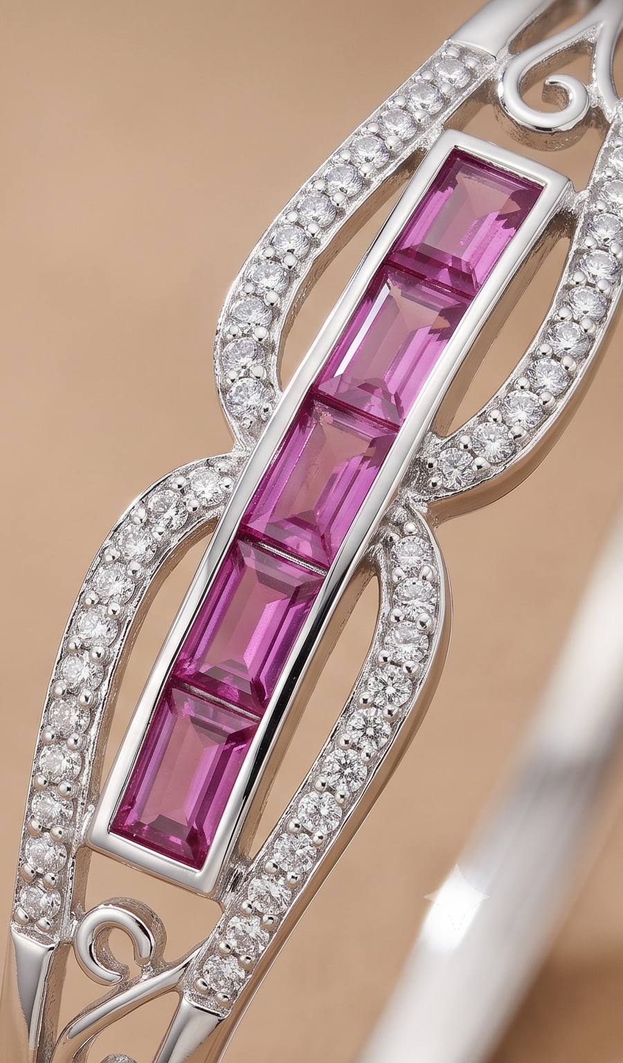 The Orchid Baguette Bangle – Anti-Tarnish Silver Pink Sapphire & Pavé Bracelet