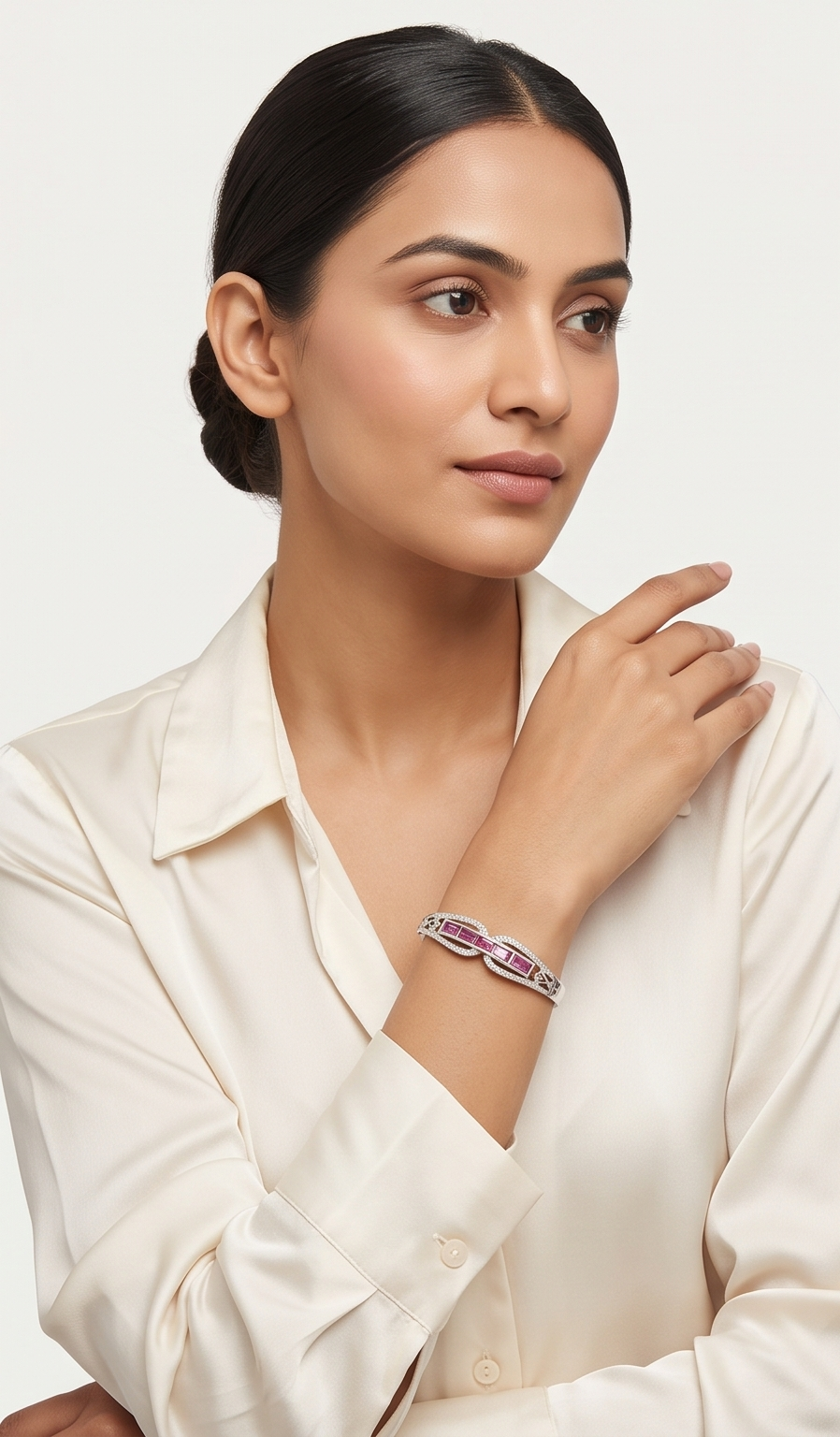 The Orchid Baguette Bangle – Anti-Tarnish Silver Pink Sapphire & Pavé Bracelet