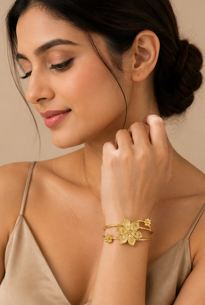 Gold-Plated Floral Statement Cuff Bangle