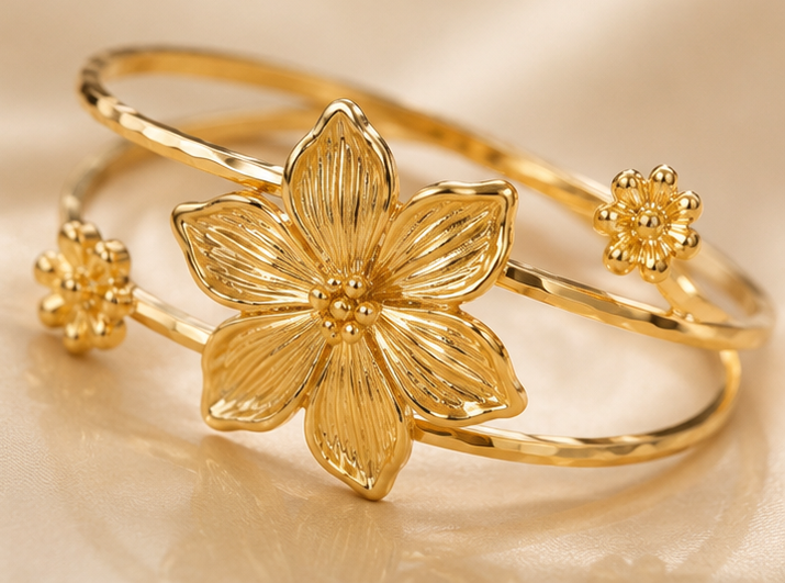 Gold-Plated Floral Statement Cuff Bangle