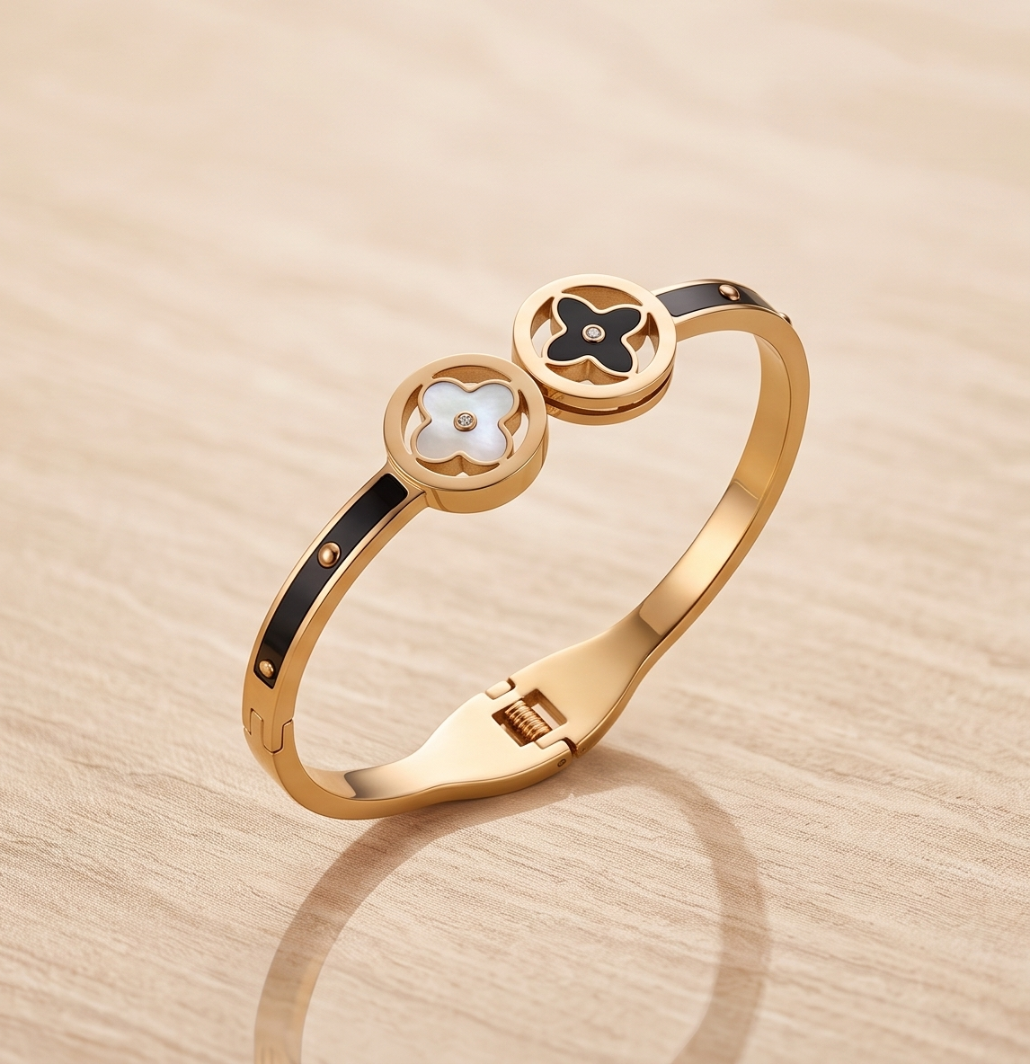 The Dual Clover Medallion Bangle – Anti-Tarnish Gold Enamel & Mother of Pearl Bracelet