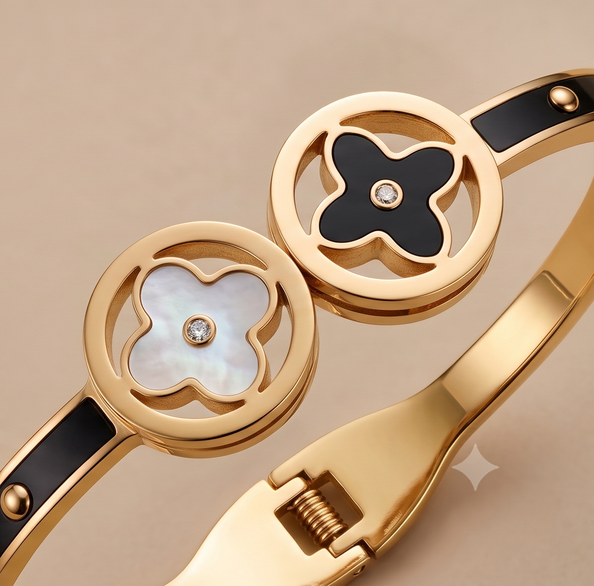The Dual Clover Medallion Bangle – Anti-Tarnish Gold Enamel & Mother of Pearl Bracelet