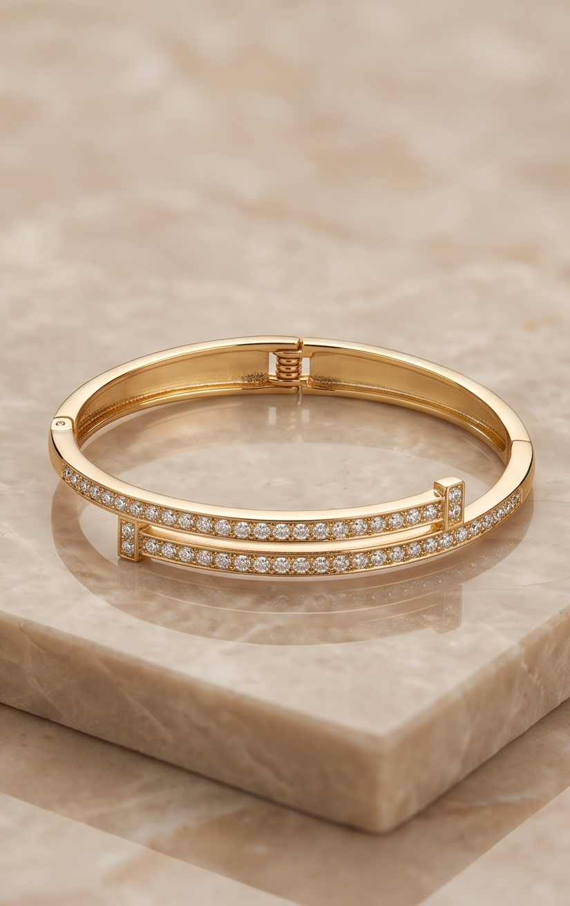 The Parallel T-Bar Pavé Bangle – Anti-Tarnish Gold Crossover Bracelet