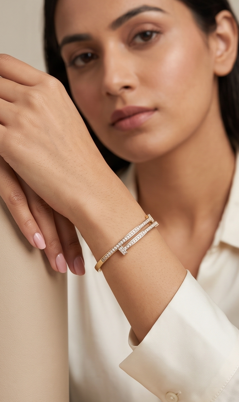 The Parallel T-Bar Pavé Bangle – Anti-Tarnish Gold Crossover Bracelet