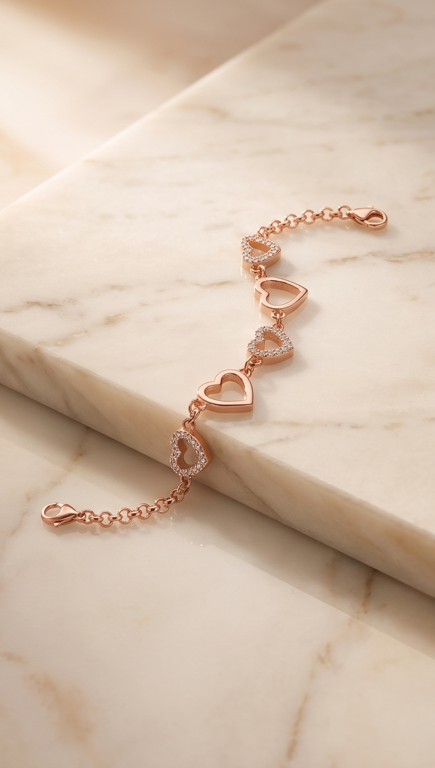 The Amour Heart Cascade Bracelet – Anti-Tarnish Rose Gold Pavé Link Bracelet