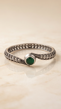 Shyamalika | Silver Replica Botanical Bypass Cuff with Forest Green Cabochon