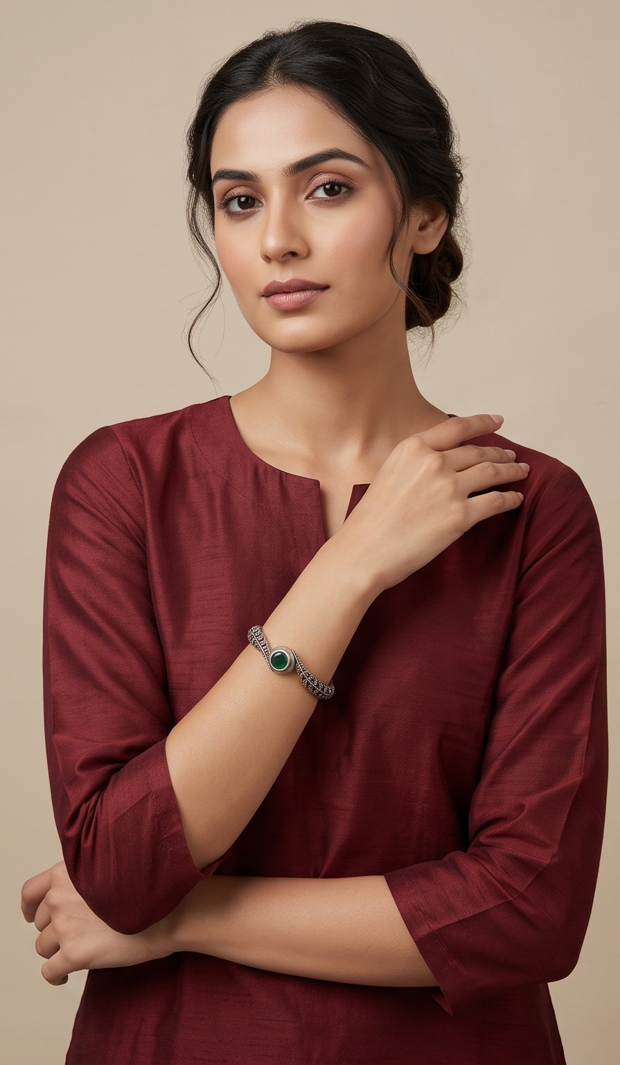 Shyamalika | Silver Replica Botanical Bypass Cuff with Forest Green Cabochon