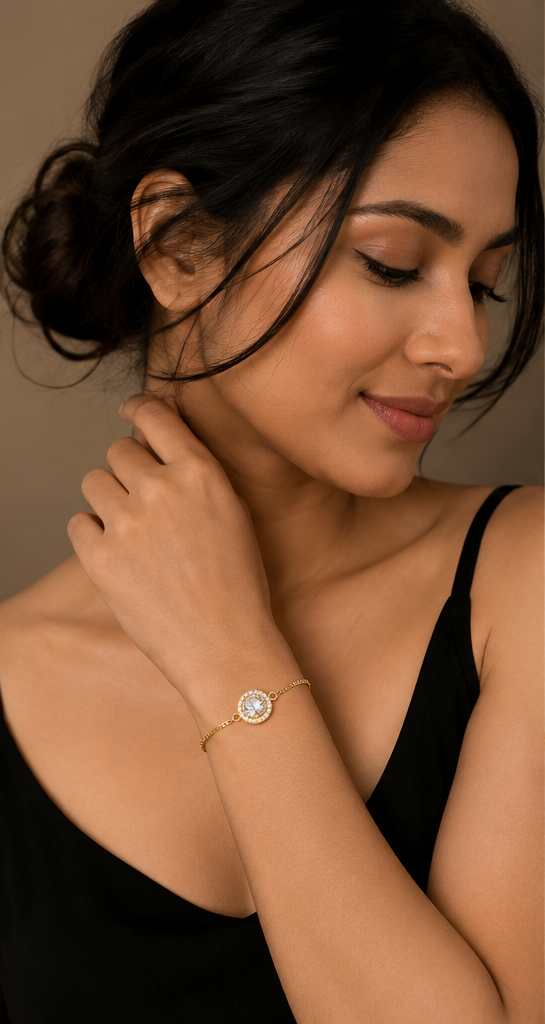 Gold-Plated American Diamond Solitaire Halo Chain Bracelet