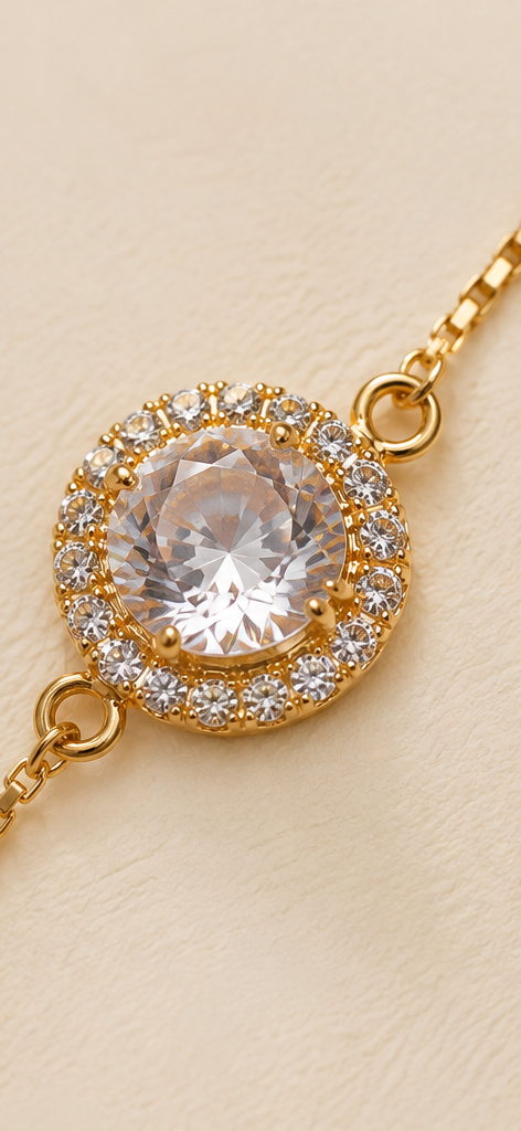 Gold-Plated American Diamond Solitaire Halo Chain Bracelet
